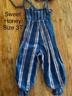 SweetHoney Blue Plaid Smocked Romper with Adjustable Straps